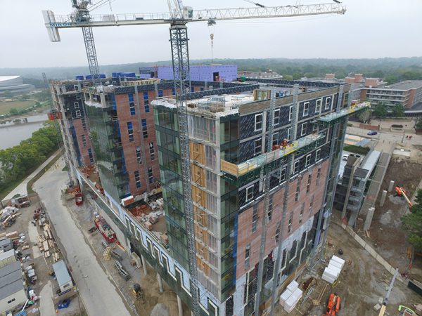 Aerial shot of commercial office building taken by Multivista's construction drone/UAV