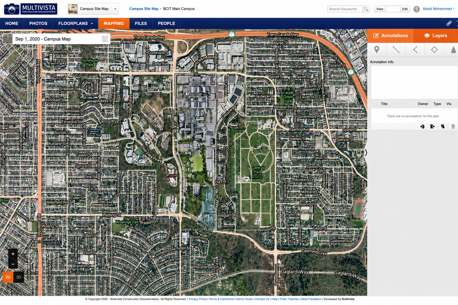 Aerial view map of BCIT Main Campus, showing buildings, roads, and surrounding urban and park areas.