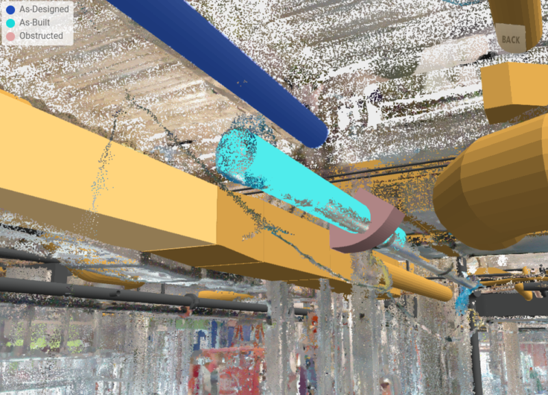 A point-cloud construction site rendering showing deviation between design and reality.