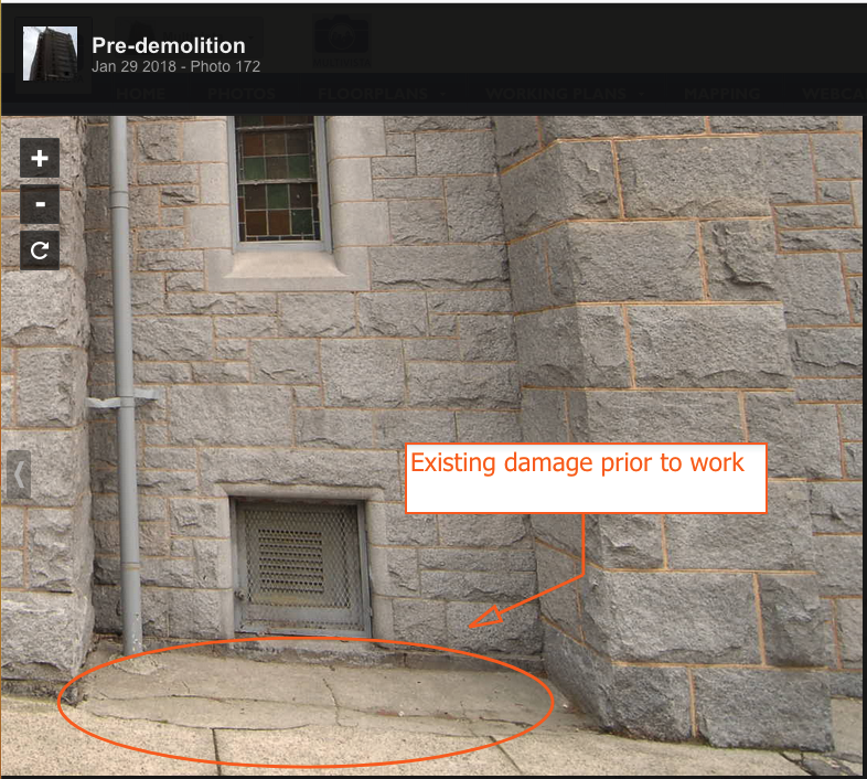 Site survey image of damage that occurred pre-construction.