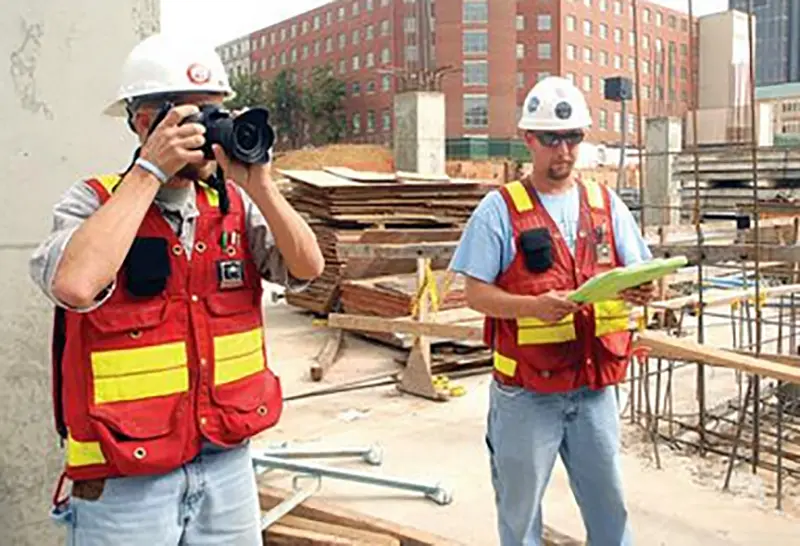 Construction photographer captures images while a site worker reviews plans.