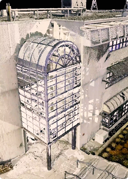 Detailed 3D point cloud of a modern building featuring a glass-enclosed elevator shaft with an arched top.