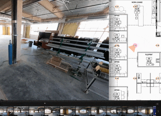 Unfinished building interior with construction equipment & materials, combined with a digital floor plan showing room layouts.