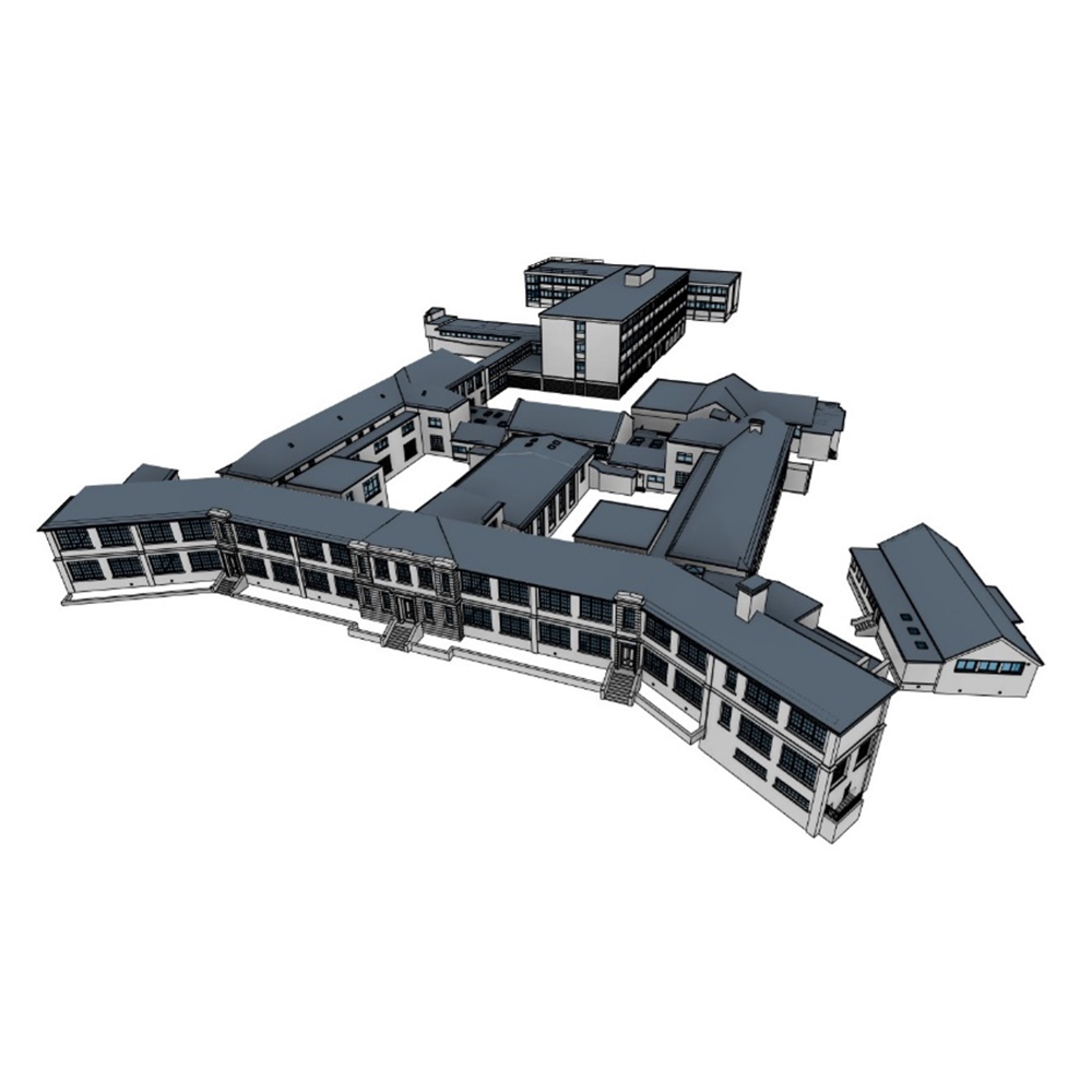3D architectural model of a sprawling multi-winged building complex with white facades and dark grey roofs.