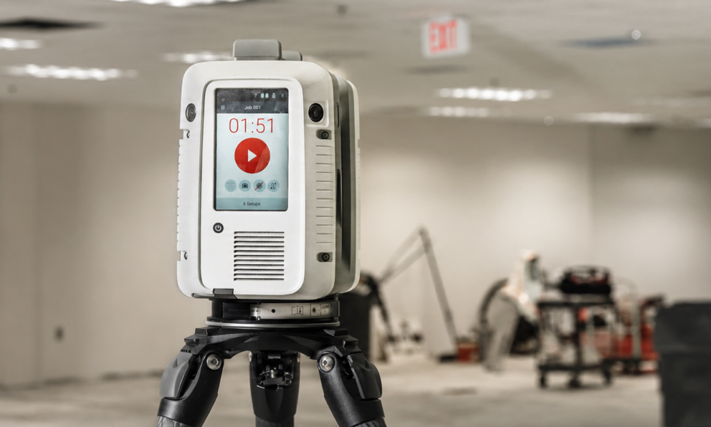 White and gray laser scanner on tripod, displaying 01:51 timer on screen in a construction site.