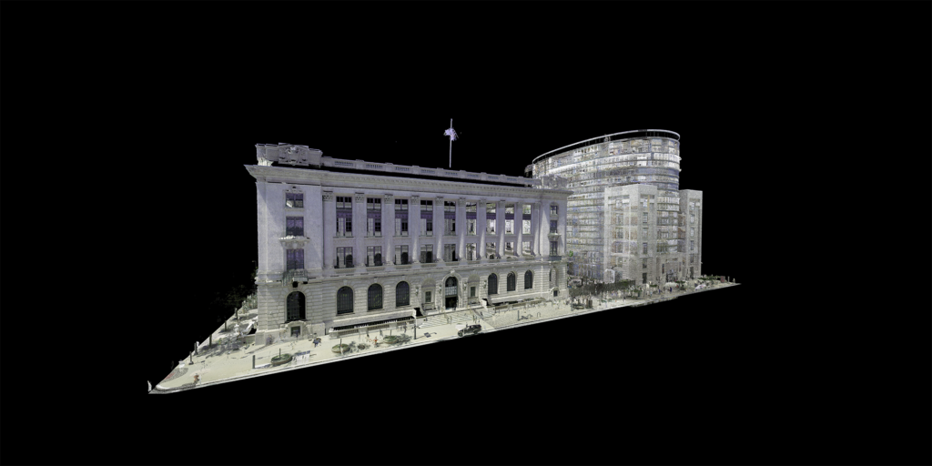 3D scan of a classical building with columns next to a modern curved high-rise on a detailed street.