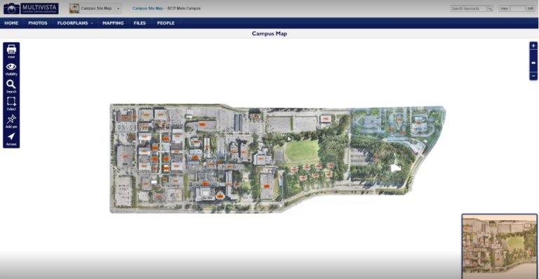 Interactive aerial campus map of BCIT Main Campus by Multivista, showing buildings, roads, and green spaces.