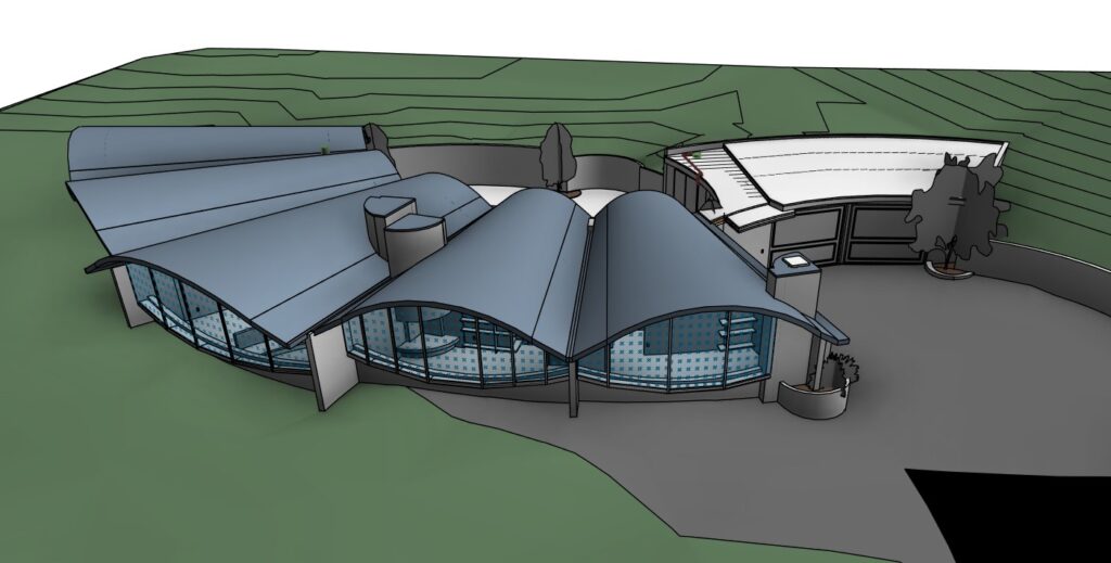 Architectural rendering of a modern building with curved roofs and large windows, set on a green terraced landscape.