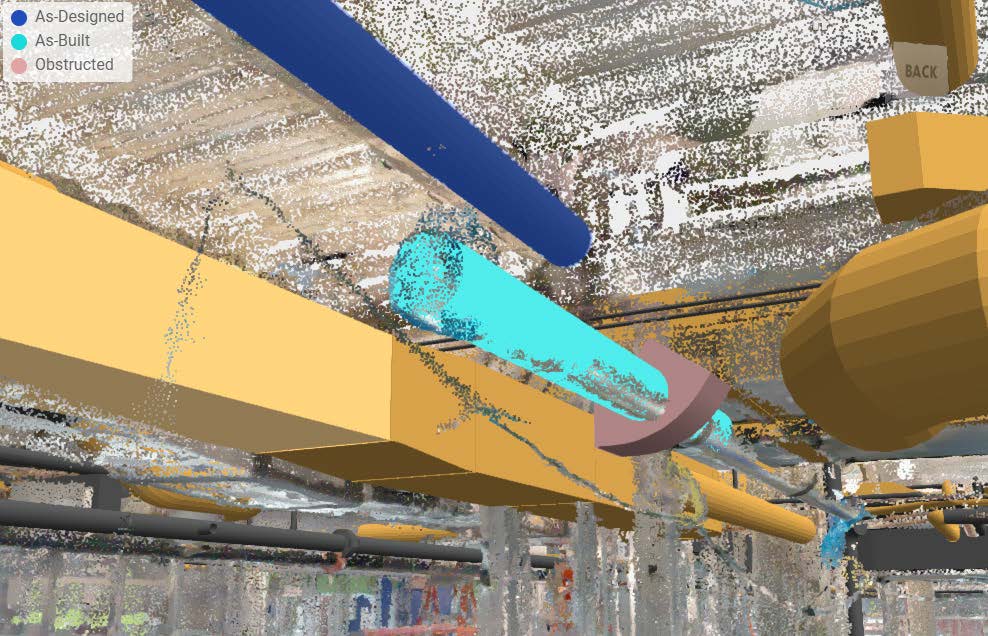 As-built (cyan) pipe obstructed by as-designed elements (blue, yellow) in a point cloud construction scan.