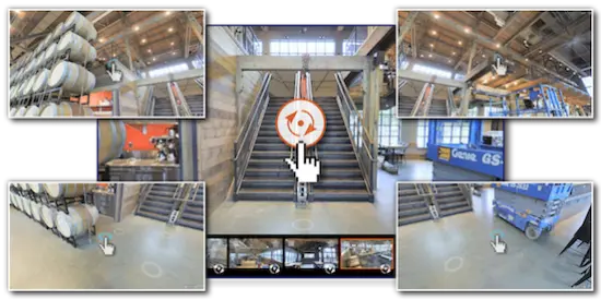 Interactive virtual tour interface showing multiple views of a building interior, including a barrel room and industrial equipment.