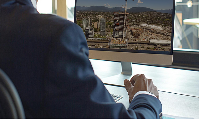 Businessperson in a suit reviews a construction site projected on a desktop monitor at a clean office desk