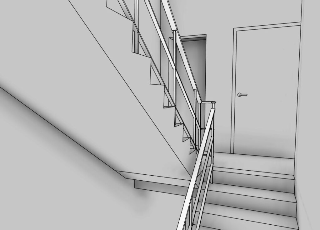 Grayscale line drawing of an interior staircase with handrails leading to a door.