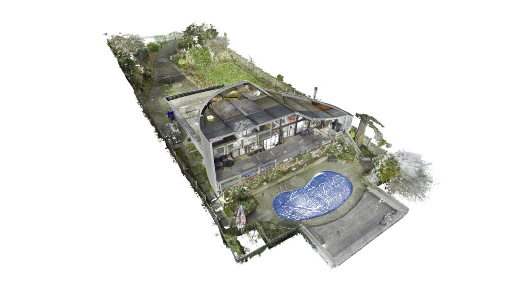 High-detail 3D point cloud scan of a contemporary house, large patio, garden, and covered swimming pool.