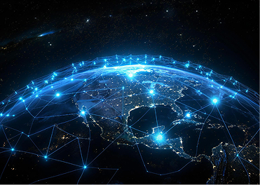 Vibrant blue lines connect cities across a nighttime Earth, representing global internet and data networks.