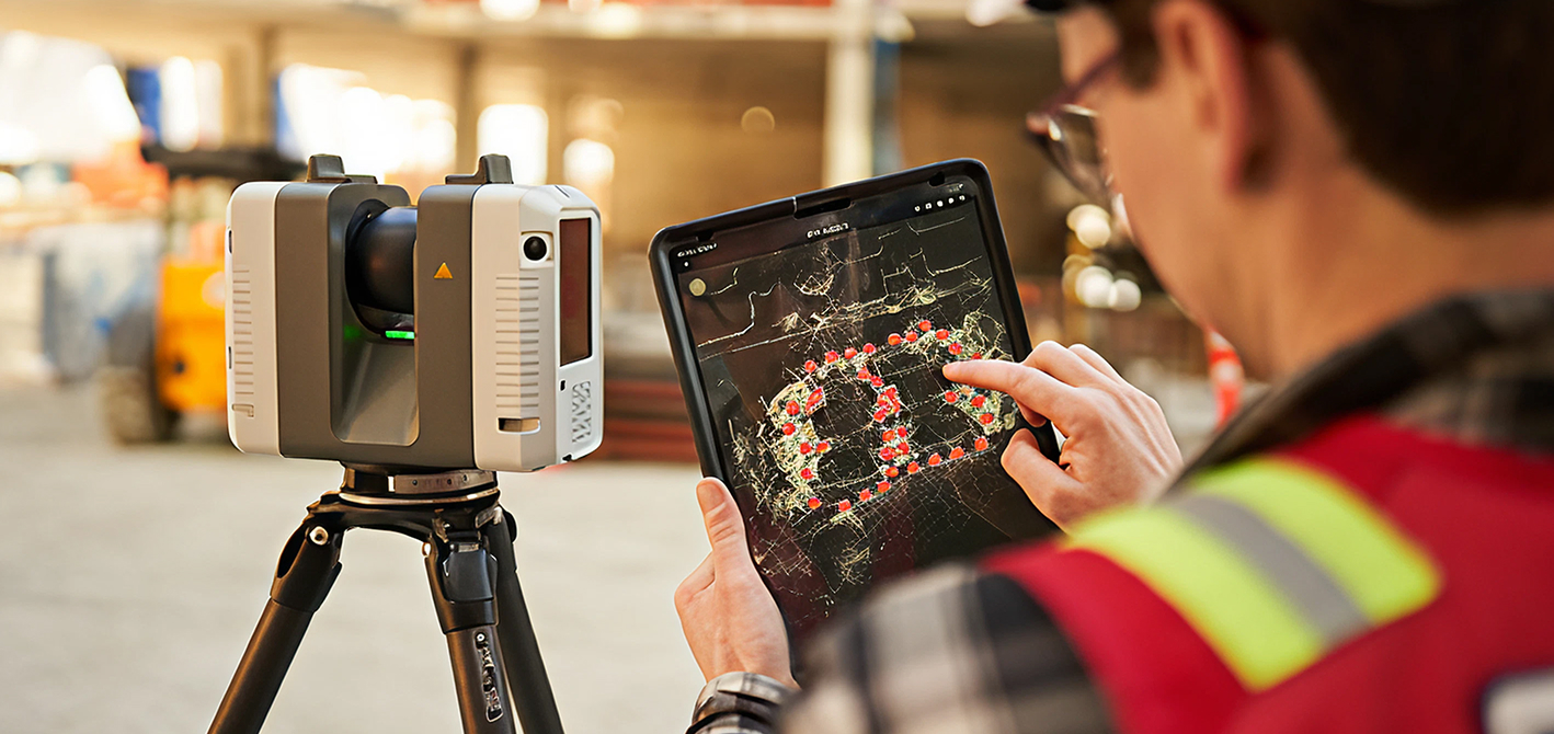 Engineer using a 3D laser scanner and tablet to view point cloud data on a construction site.