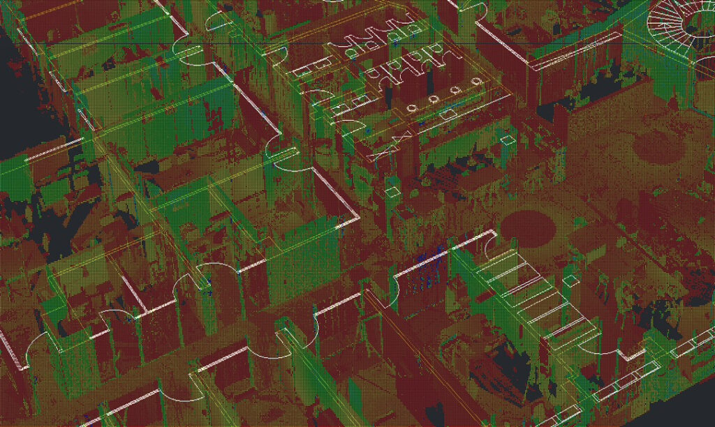 3D point cloud of a building's interior layout with overlaid architectural floor plan lines.