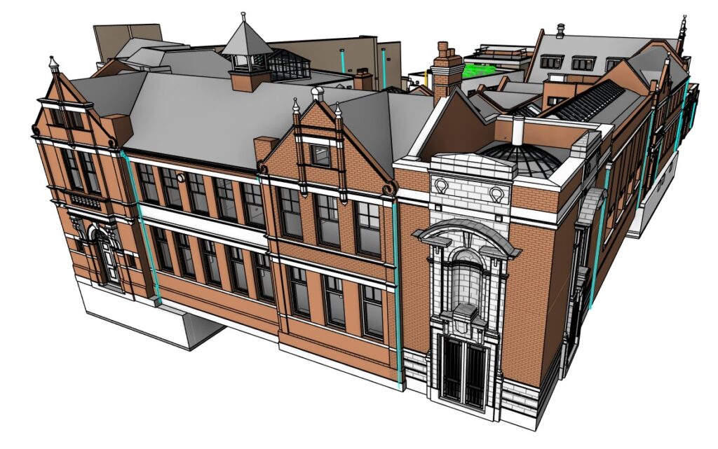 Detailed 3D BIM model of a historic-style red brick building with grey roof, multiple windows, and decorative features.