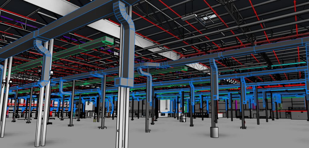 3D BIM model of building systems: HVAC ducts, plumbing pipes, and fire suppression in an industrial space.