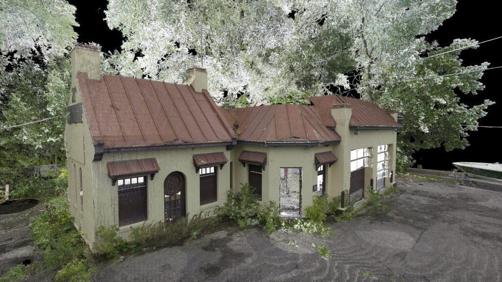 3D scan of a weathered light-colored building with brown metal roofs, overgrown foliage, and a boat.