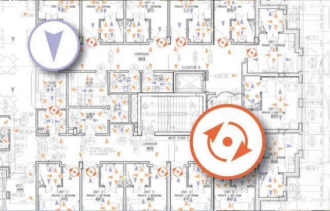 Architectural floor plan blueprint with numerous orange and purple directional arrows, featuring a location pointer and rotation icon.