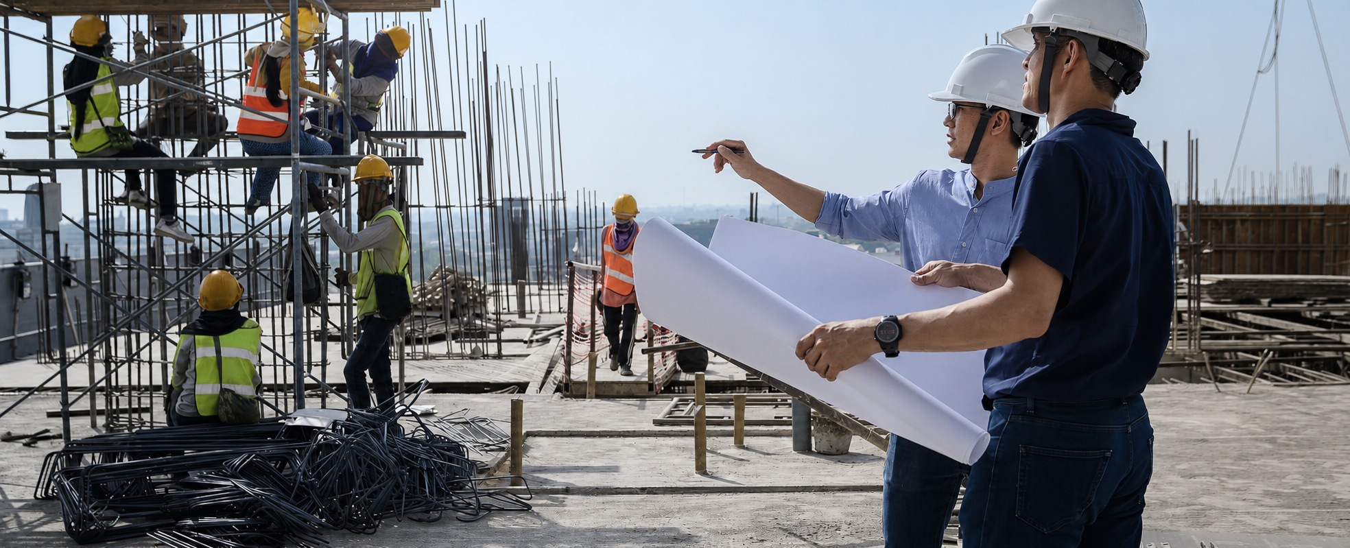 Engineers examine blueprints at a busy building construction site with workers and scaffolding.