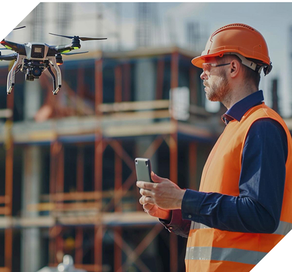 Construction worker controls a drone with a smartphone at a building site.