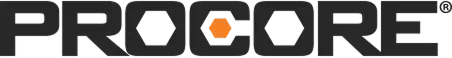 Procore logo, dark grey text with an orange hexagon for the second 'O'.
