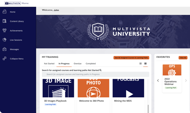 Multivista University e-learning platform dashboard displaying 'My Training' and 'Favorites' sections.