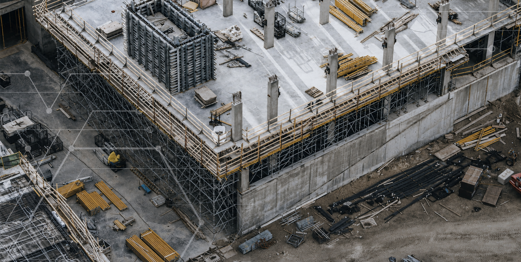 Modern building construction site with concrete structure, scaffolding, and a subtle digital overlay.