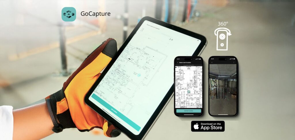 Person using GoCapture construction app on tablet and phone to view blueprints and 360 site images. App Store.