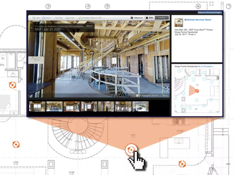Digital interface showing a 360-degree view of a house under construction, linked to an interactive floor plan.