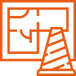 Digital circuit-like maze pattern in orange and black on a grey background.