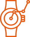 Orange pixel art icon of a stylized circular timer with three dots.