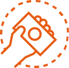 Orange pixelated smart home icon with a hand over a house and a dashed circle