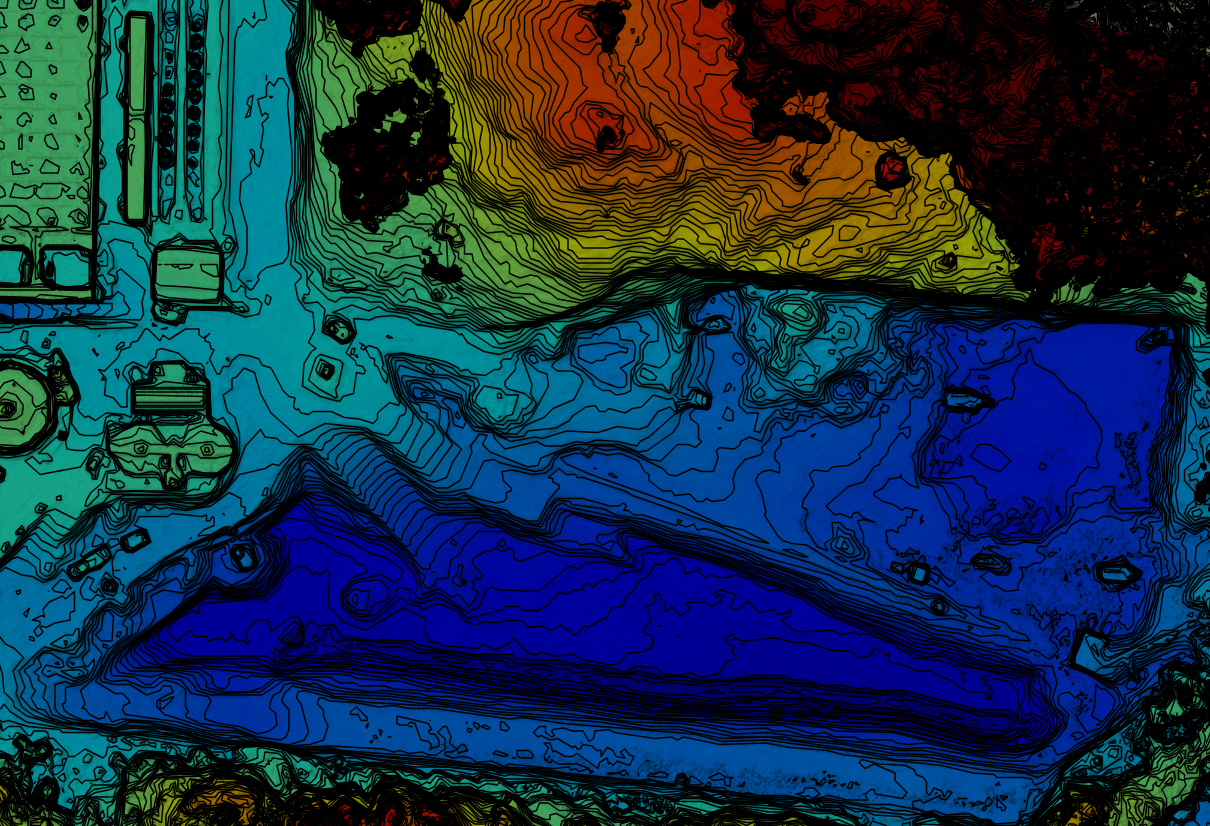 Detailed LiDAR elevation map with contour lines, highlighting varied terrain, buildings, and a large low-lying area.