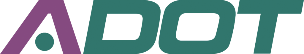ADOT logo, with a purple A and teal DOT text.