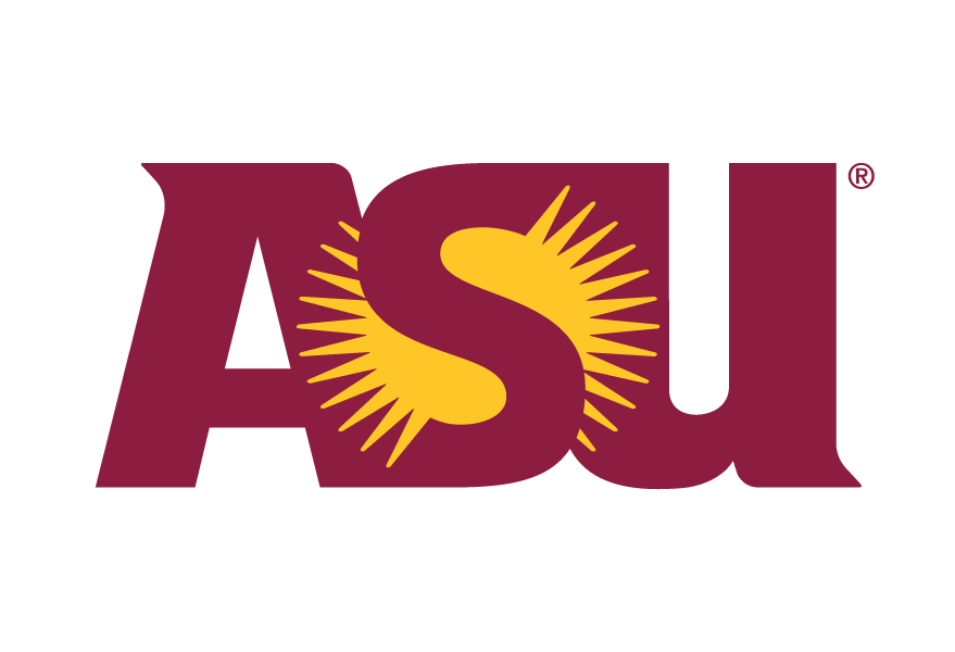 ASU logo in maroon and gold, with a sunburst design within the letter S.