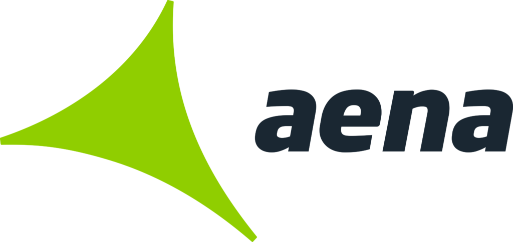 Aena logo with green abstract design and dark grey text.
