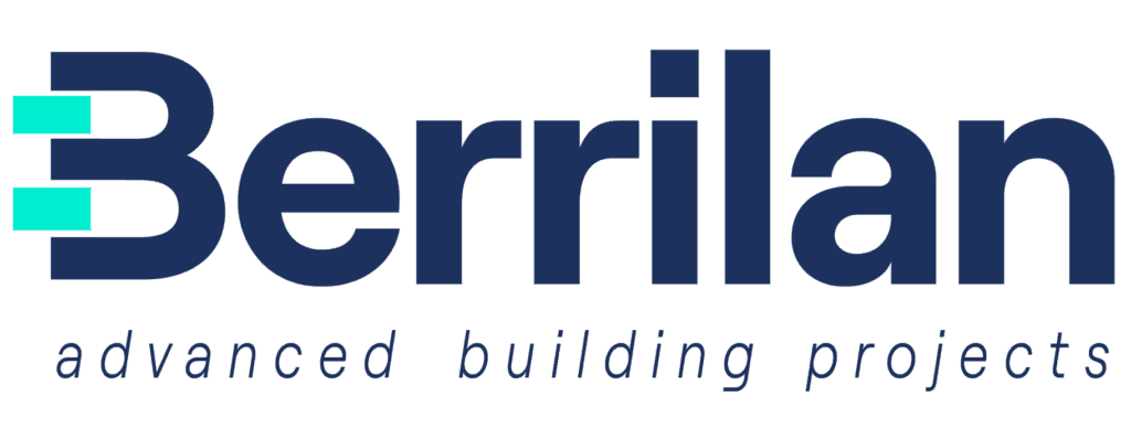 Berrilan logo for advanced building projects, dark blue text with light blue accents on the letter B.