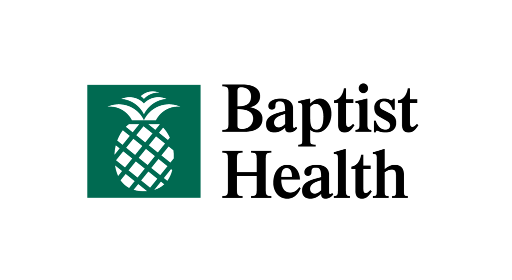 Baptist Health logo featuring a white pineapple icon in a green square next to the brand name.
