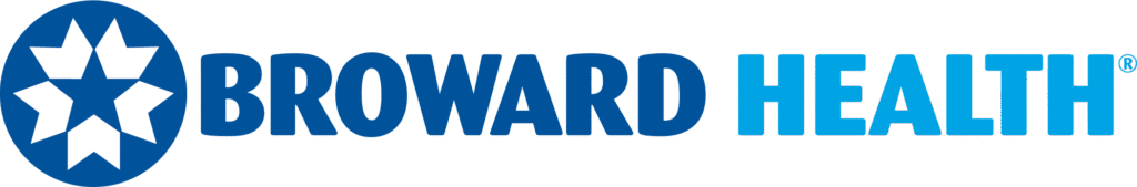 Broward Health logo featuring blue text and a circular emblem with white star shapes.