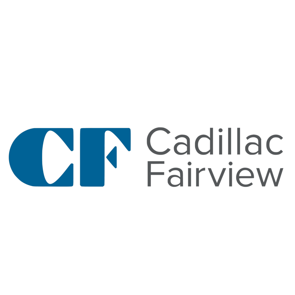 Cadillac Fairview logo with blue stylized CF icon and grey text.