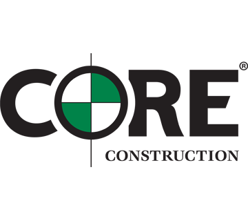 CORE Construction company logo featuring a green target design in the 'O' of CORE.