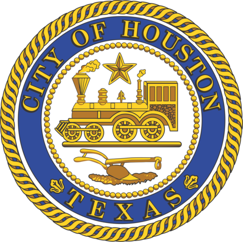 Official Seal of the City of Houston, Texas, featuring a locomotive, star, and plow on a blue and gold background.