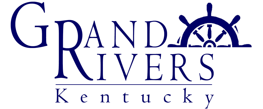 Logo for Grand Rivers Kentucky featuring a ship's wheel.