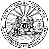 Official seal for the City of Omaha, Nebraska, with pioneer figures, steamboat, and 1857 incorporation date.