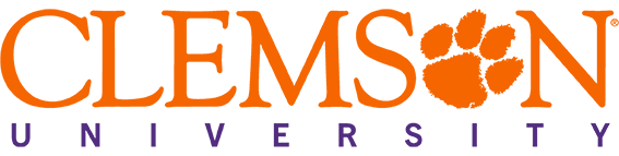 Clemson University logo: orange 'CLEMSON' with a tiger paw, purple 'UNIVERSITY' below.