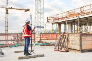 Construction engineer using surveying equipment on a building site with cranes and city view.