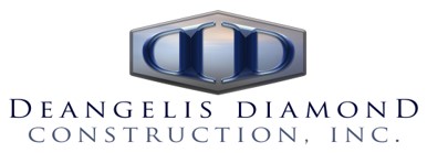 DeAngelis Diamond Construction, Inc. logo featuring a silver hexagon with a stylized blue DD monogram.