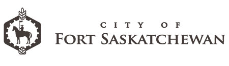 City of Fort Saskatchewan logo with a hexagonal emblem depicting a person on horseback, gear, and wheat.